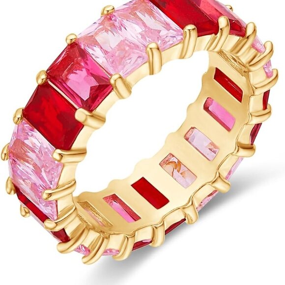 Jewelry - Eternity Rainbow Ring 18K Gold Plated Emerald-Cut Multi Color AAA Created-Gemsto